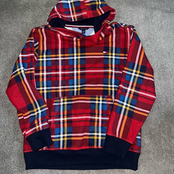 Tommy Hilfiger Boys Tonal Argyle  sweatshirt Hoodie plaid red size l2/14 - Picture 2 of 5